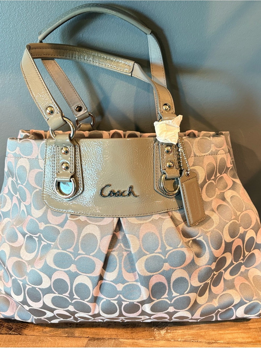 Coach Pink and Sage Gray Signature Shoulder Tote